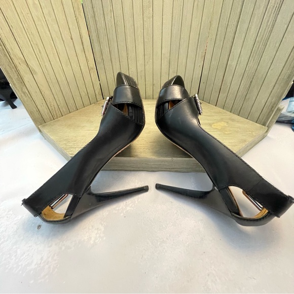 Michael Kors Black Leather Cut Out Heel Peep Toe Stiletto Heels w/Buckles 9 - Picture 7 of 9
